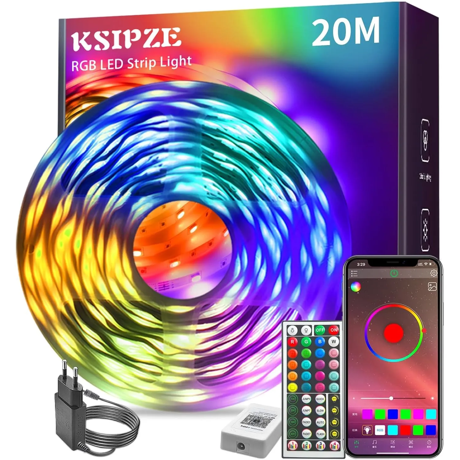 KSIPZE Led Streifen 20m RGB LED Strip mit Fernbedienung Bluetooth APP, Musik Sync Timer-Einstellung Dimmbar Farbwechsel…