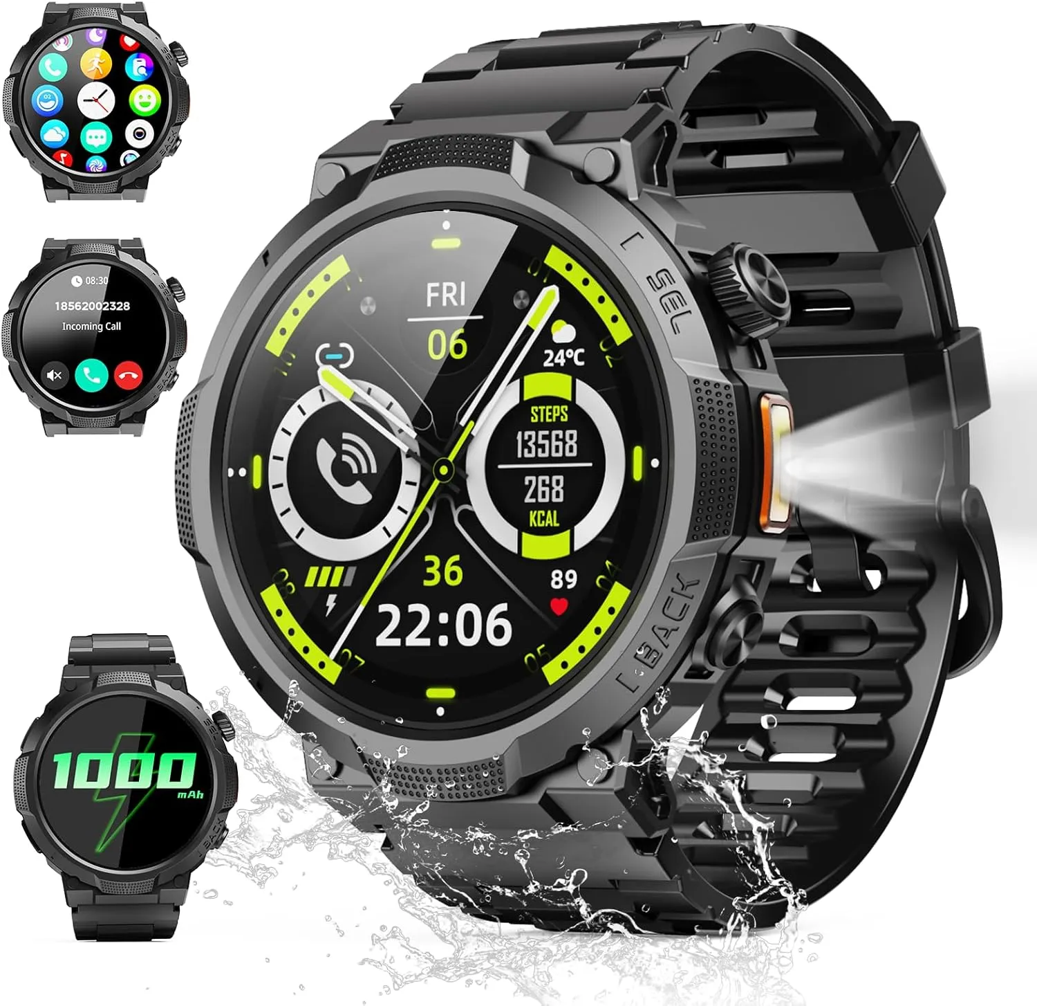 Smartwatch Herren Damen, 1.53" HD 1000mAh Militär Smart Watch mit Telefonfunktion, 100+Sportmodi Fitnessuhr Tracker, IP…