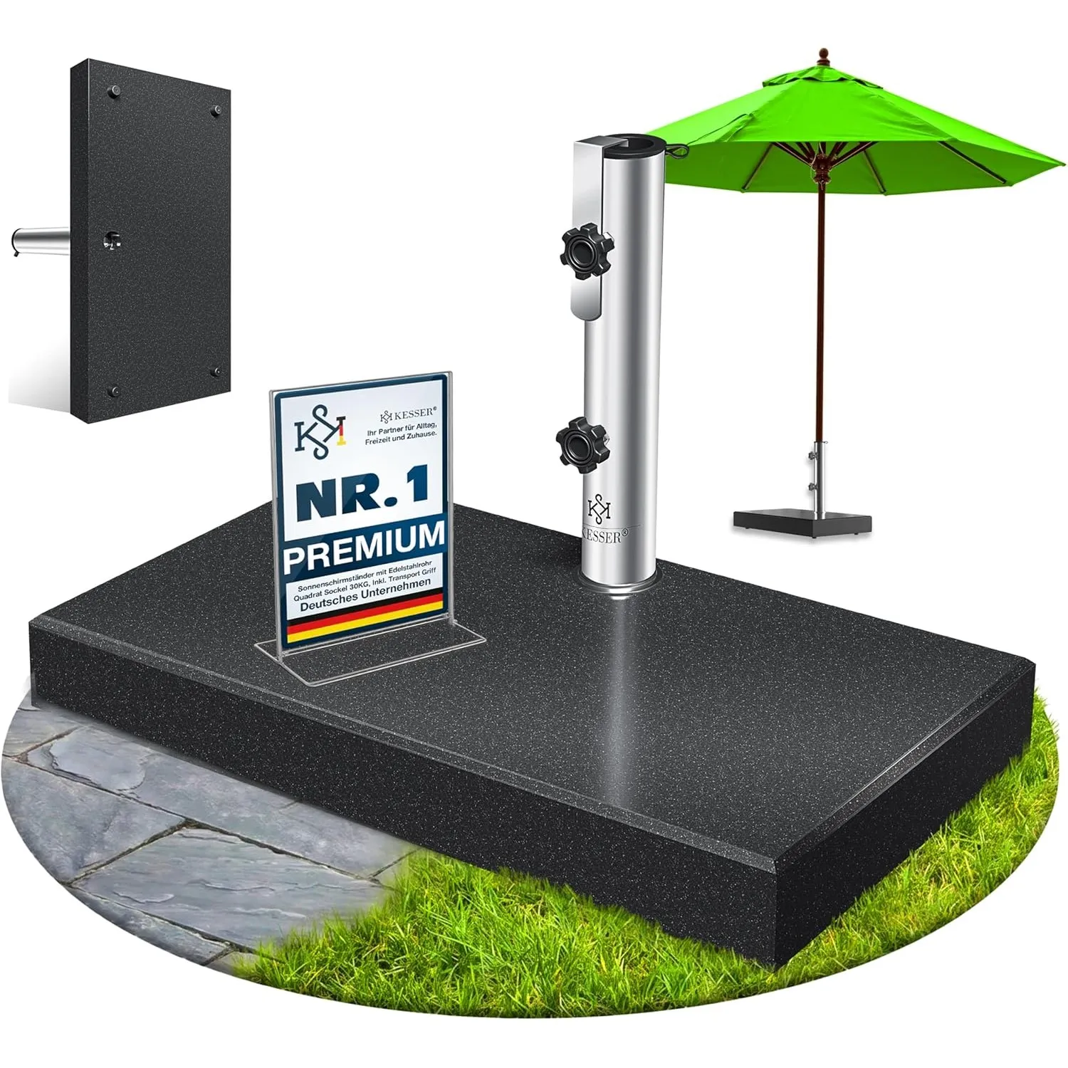 KESSER® Granit Sonnenschirmständer mit Edelstahlrohr, Hochwertiger Schirmständer Rechteck Sockel 30KG - für Schirmstöck…