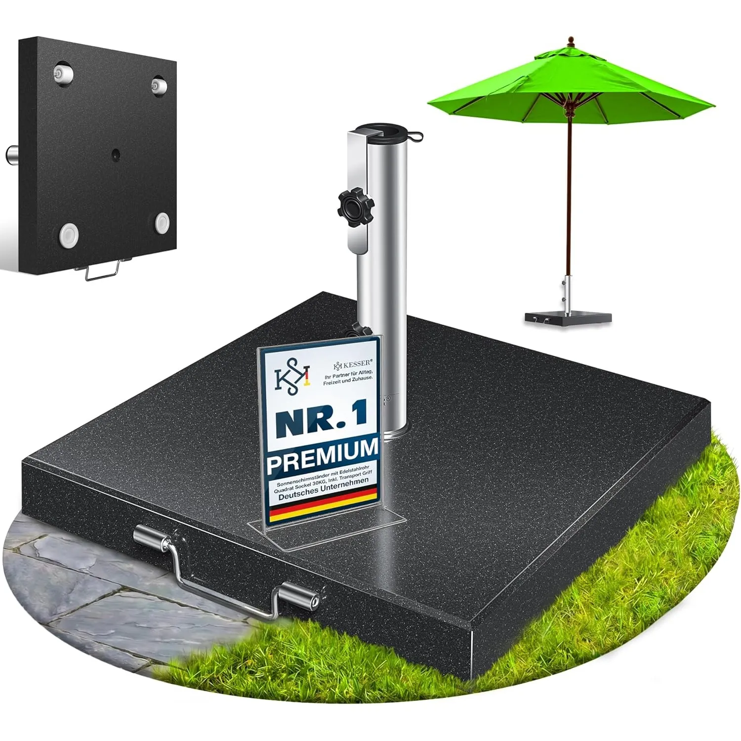 KESSER® Granit Sonnenschirmständer mit Edelstahlrohr, Hochwertiger Schirmständer Quadrat Sockel 30KG - für Schirmstöcke…