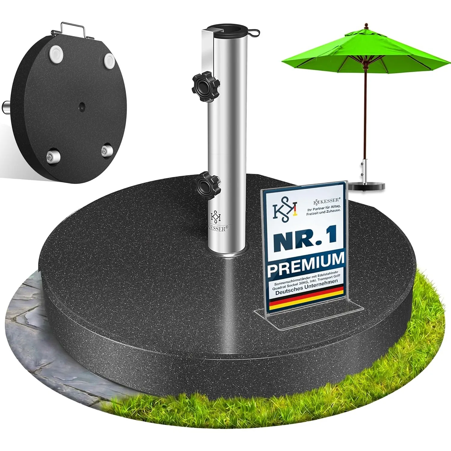 KESSER® Granit Sonnenschirmständer mit Edelstahlrohr, Hochwertiger Schirmständer Rund Sockel 30KG - für Schirmstöcke bi…