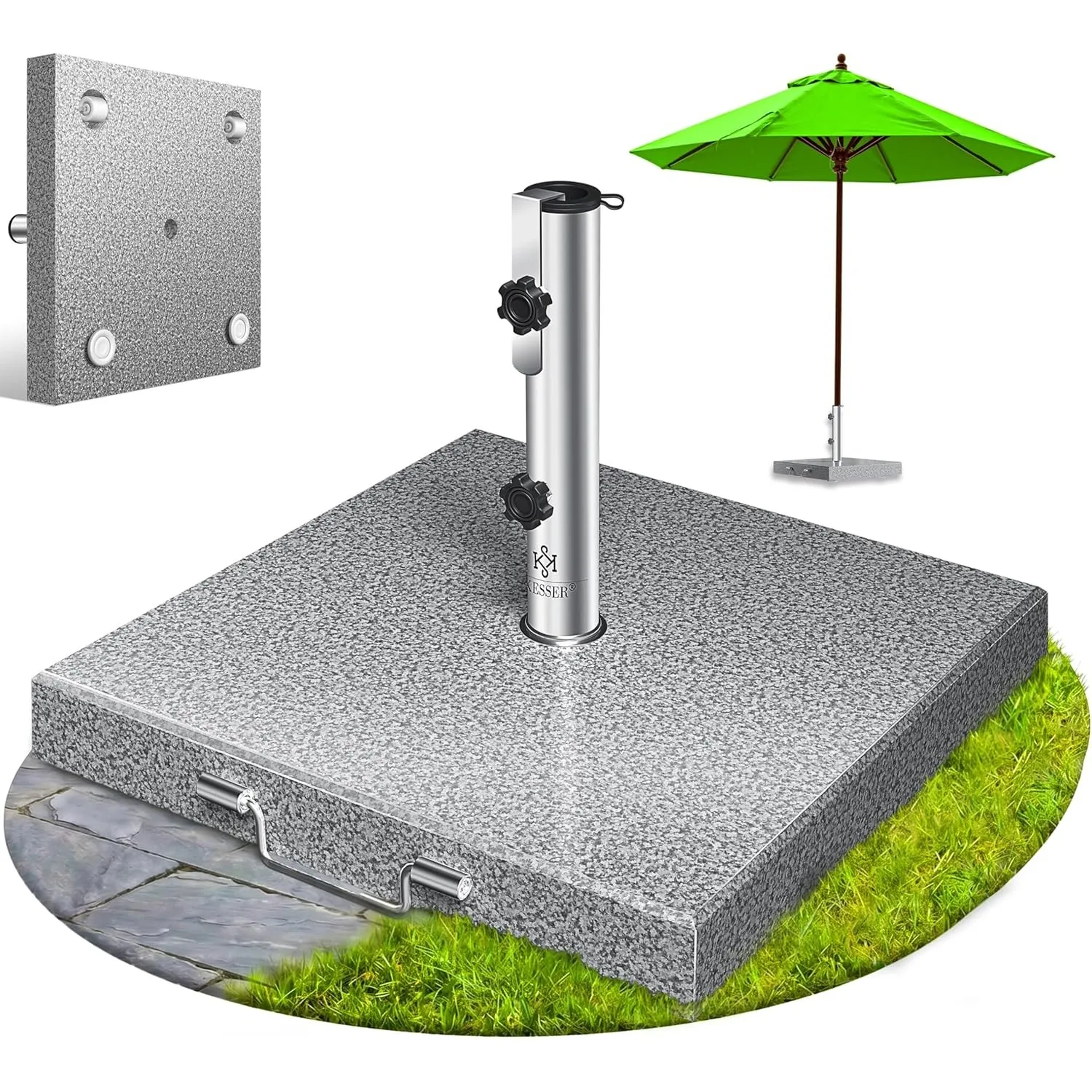 KESSER® Granit Sonnenschirmständer mit Edelstahlrohr, Hochwertiger Schirmständer Quadrat Sockel 30KG - für Schirmstöcke…