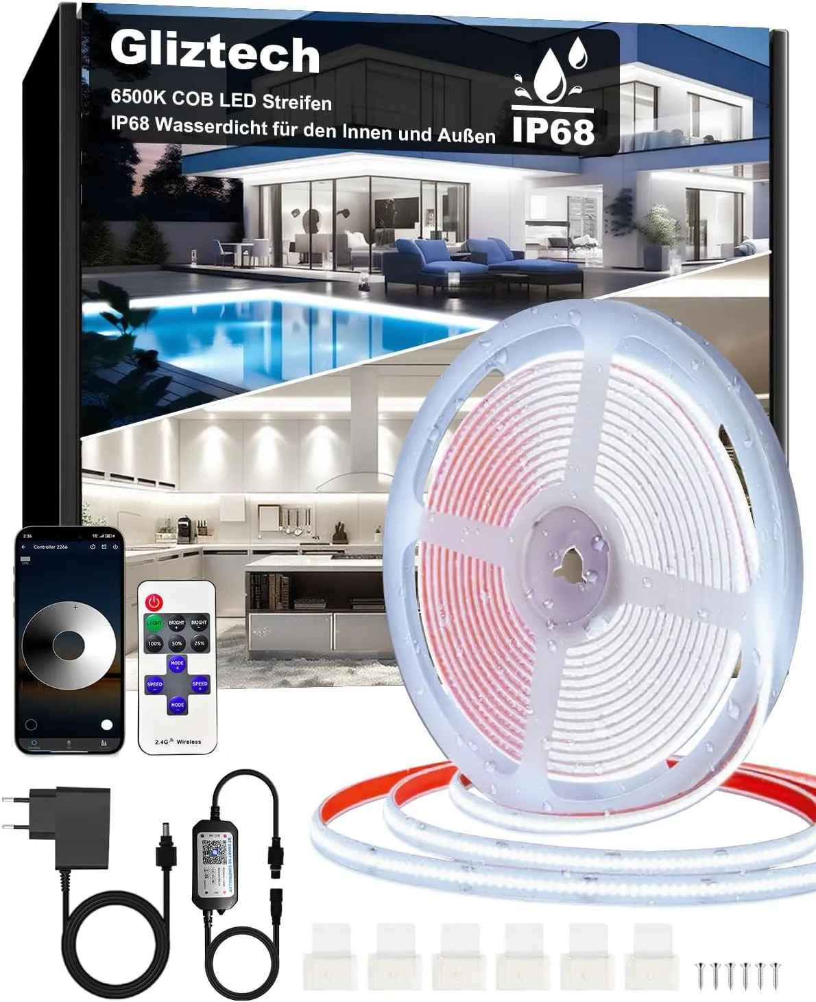 15 m COB LED Strip, IP68 Waterproof, 24 V 6500 K LED Strip, Warm White, LED Strip Light, Self-Adhesive, Outdoor with Po…