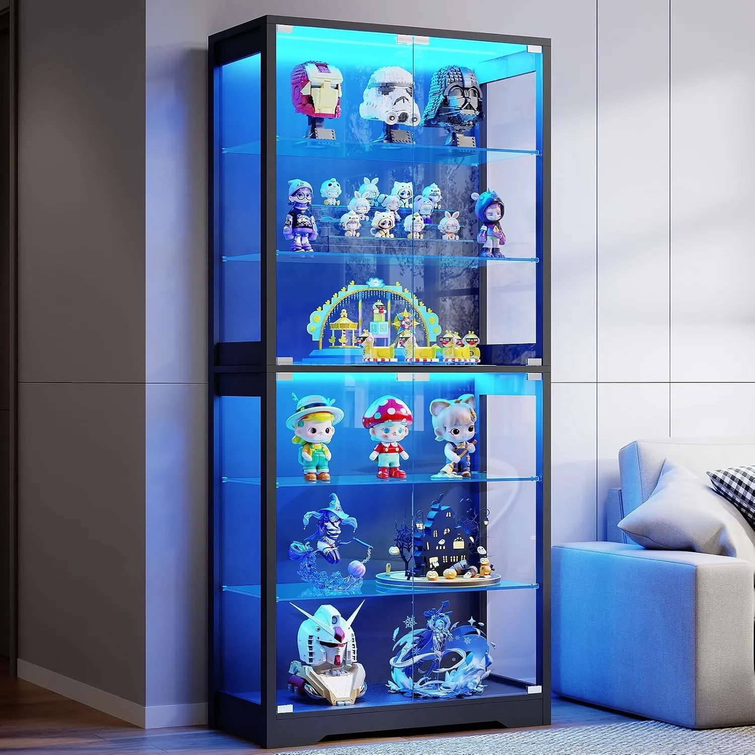BROTTAR Vitrine mit Glastür, 6-stufige 180cm Vitrine mit 3 Farblichten für Sammlerstücke, Vitrine mit verstellbaren Gla…