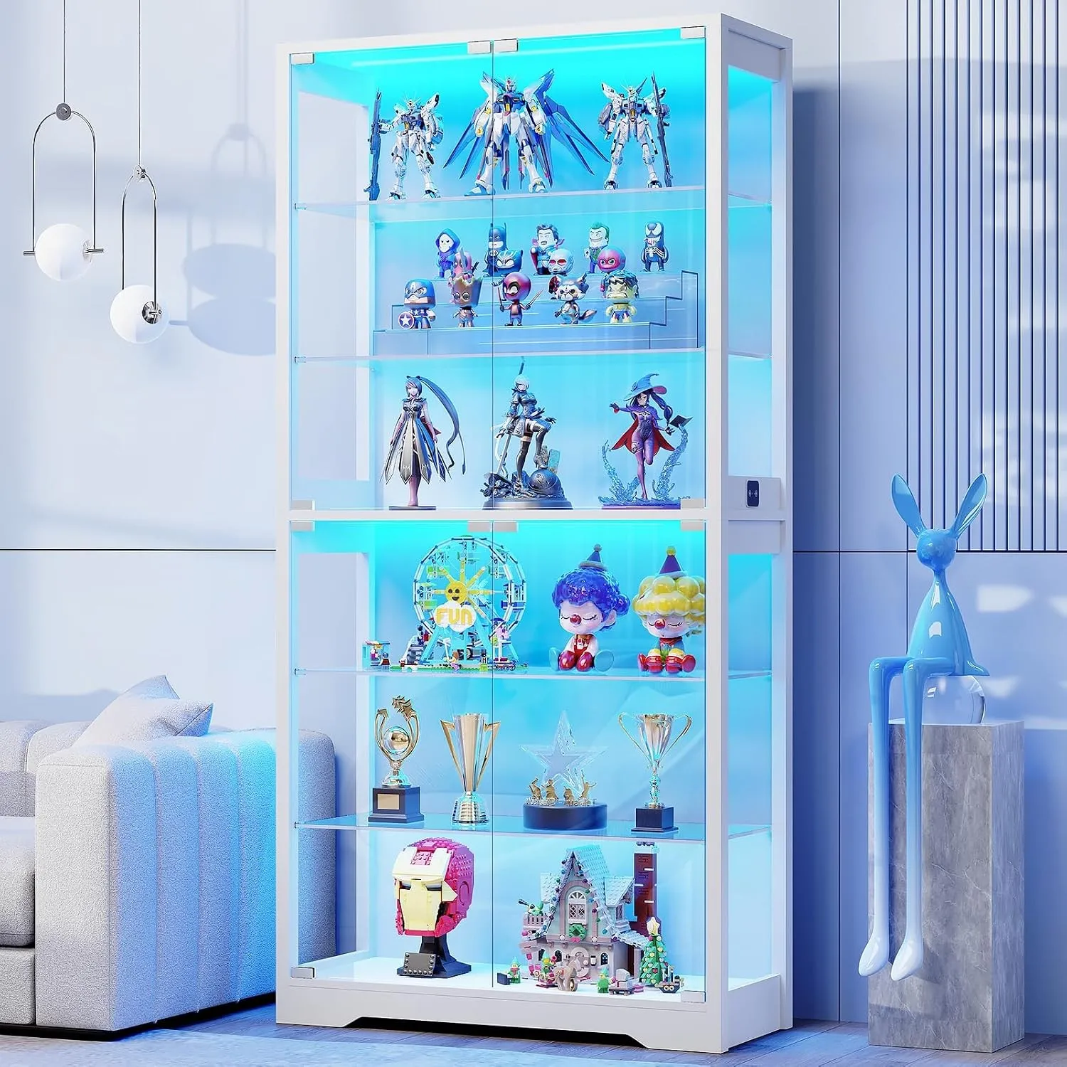 BROTTAR Vitrine mit Glastür, 6-stufige 180cm Vitrine mit 3 Farblichten für Sammlerstücke, Vitrine mit verstellbaren Gla…