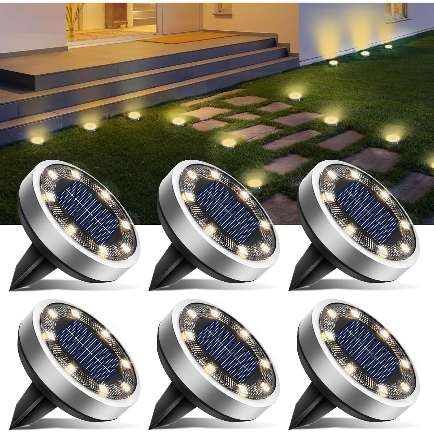 btfarm 6 Stück Solar Bodenleuchten Aussen, 8 LED Gartenbeleuchtung Solar Wasserdicht Boden Solarleuchten, Solarlampen f…