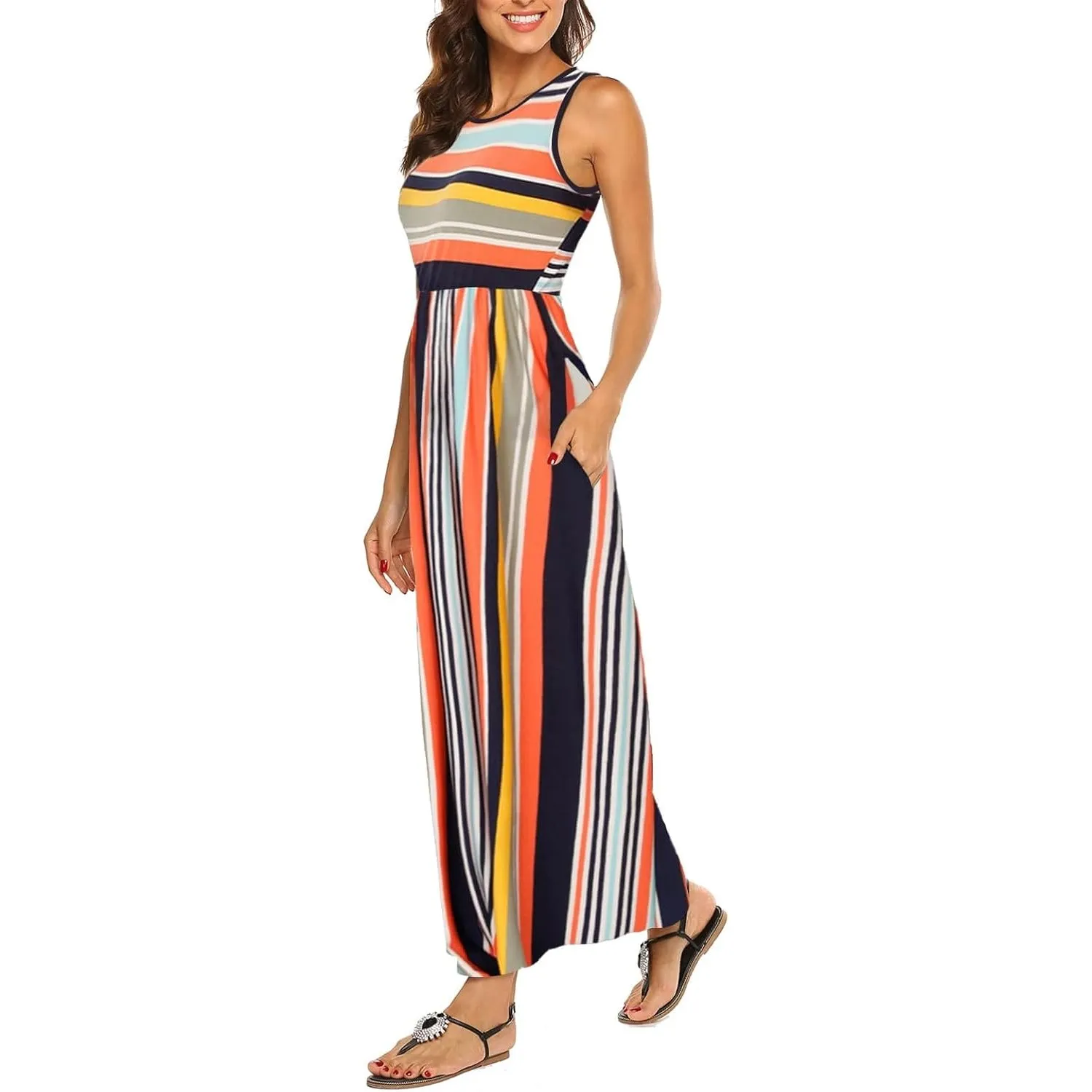 BDTECAOR Maxikleid Damen Sommer Boho Ärmellos Strandkleider Lässige Lange Tank Kleid mit Taschen
