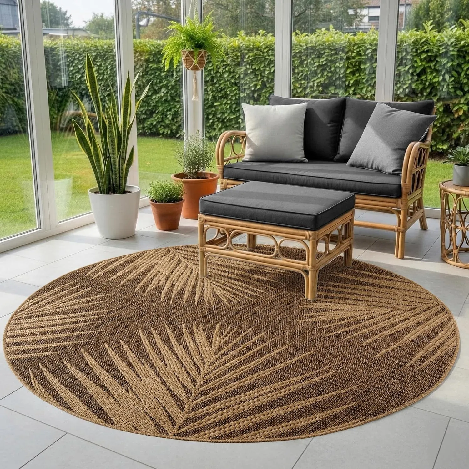 SIMPEX Outdoor Teppich Rund 160 cm Beige, Wetterfest Pflegeleicht, Natürlicher Jute Look Teppich für Terrasse Garten Wo…