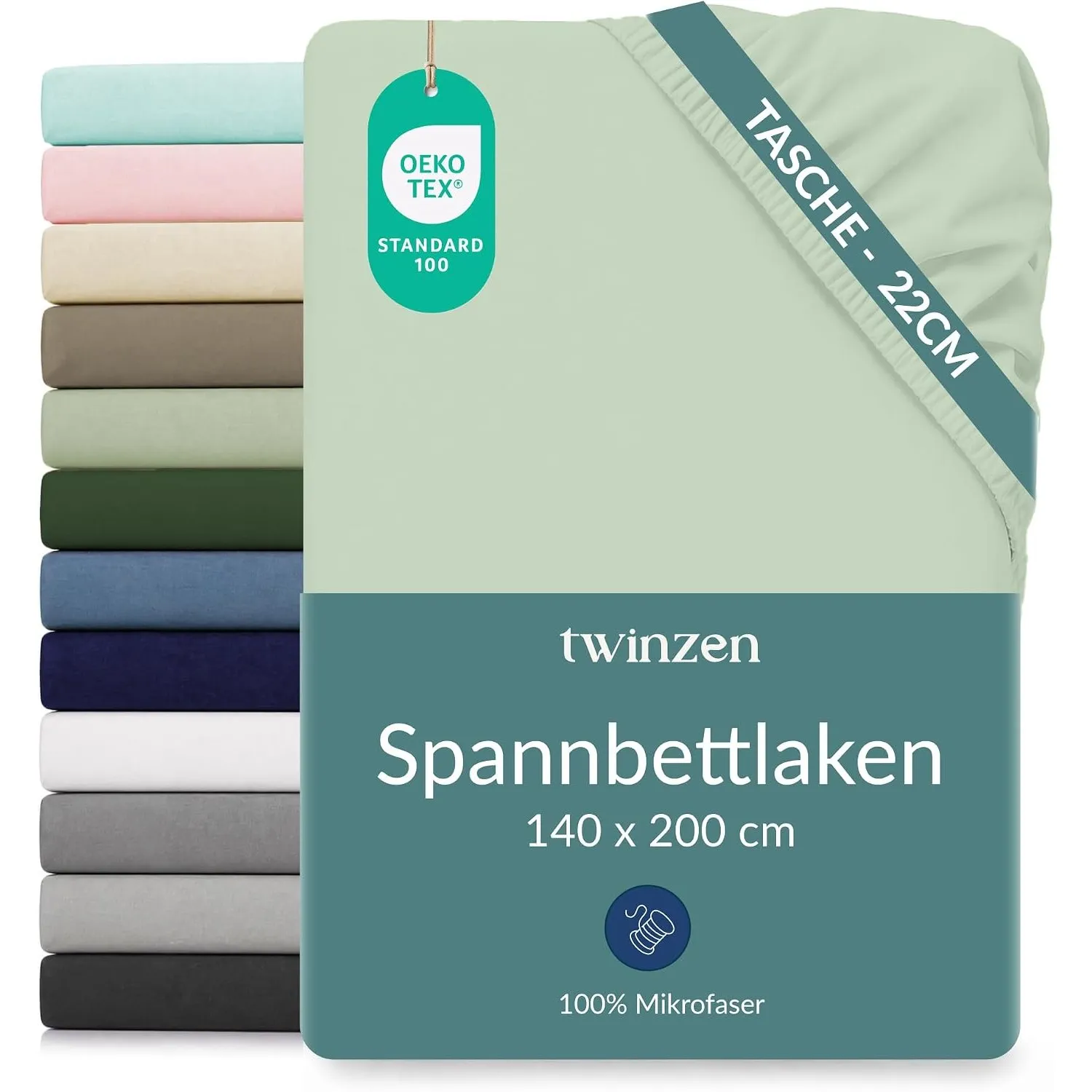 Twinzen Spannbettlaken Mikrofaser 140x200 Hellgrün Steghöhe 25 cm