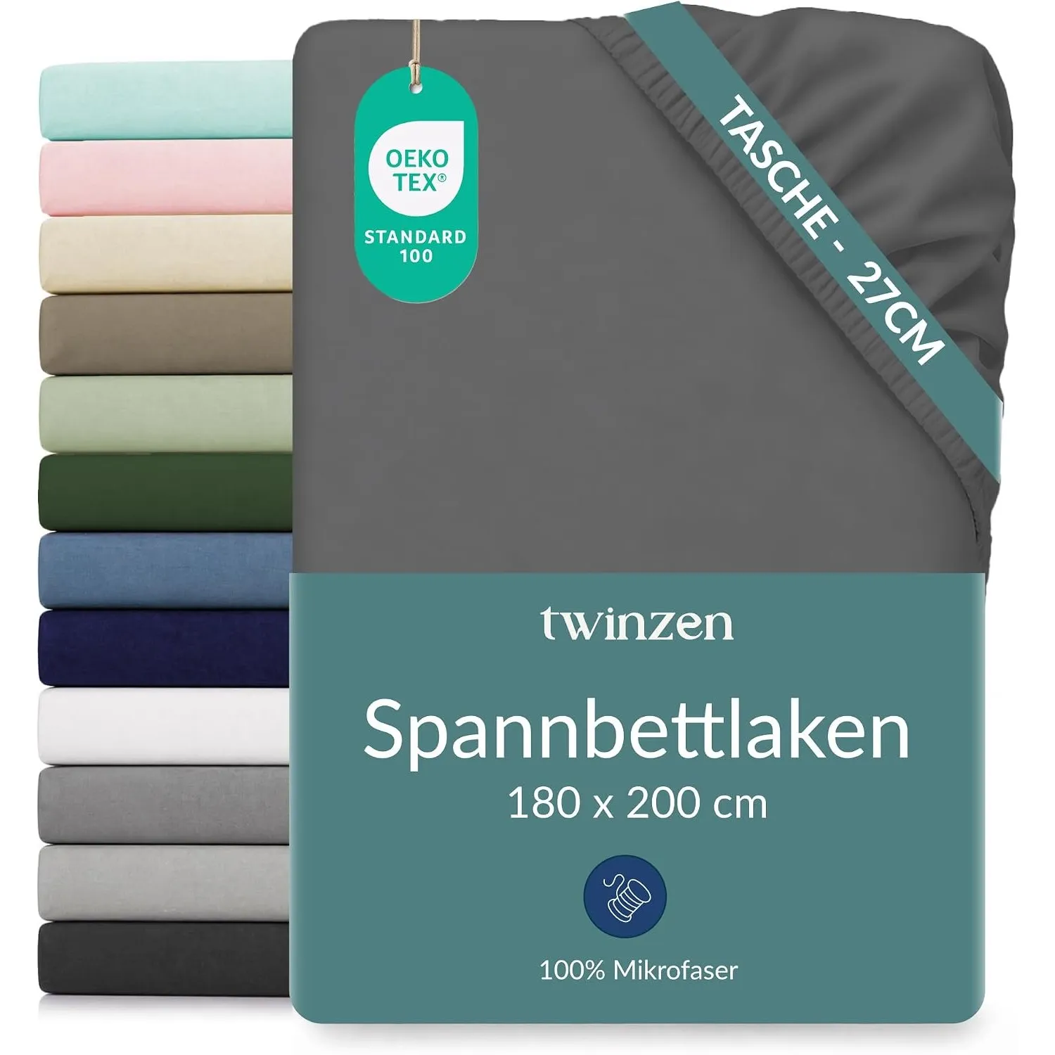 Twinzen Spannbettlaken Mikrofaser 180x200 Dunkelgrau Steghöhe 25 cm