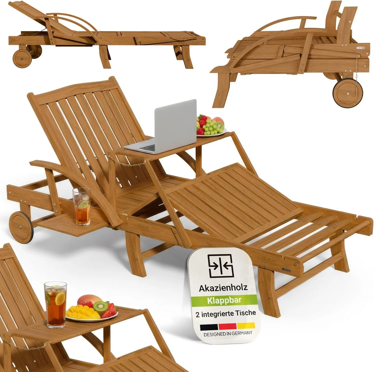 Juskys® Sonnenliege SunScape - Natur, Akazie mit verstellbarem Tisch & Beinablage, Stabil & Langlebig, 196x73x30 cm
