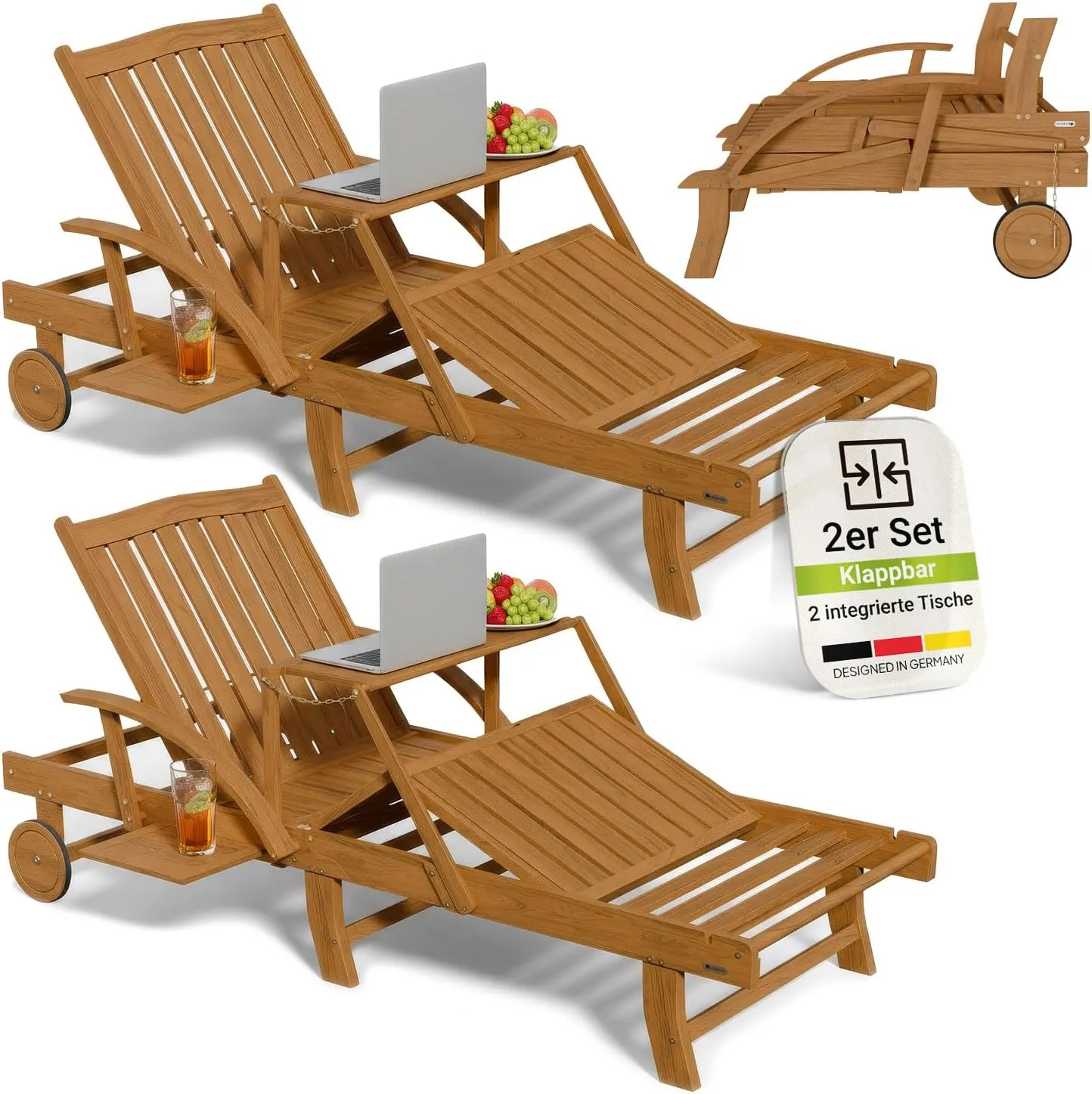 Juskys® 2er Set Sonnenliege SunScape - Natur, Akazie mit verstellbarem Tisch & Beinablage, Stabil & Langlebig, 196x73x3…