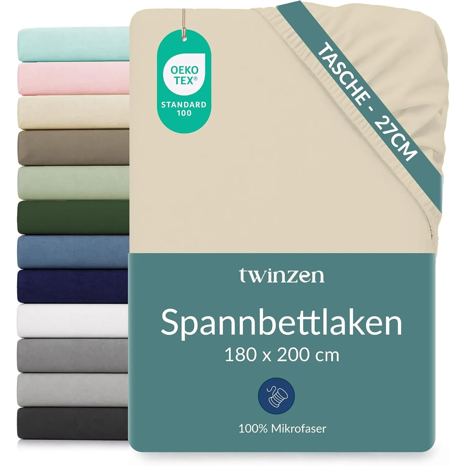 Twinzen Spannbettlaken Mikrofaser 180x200 Beige Steghöhe 25 cm | Weich & hautfreundlich · Atmungsaktiv · Pflegeleicht ·…