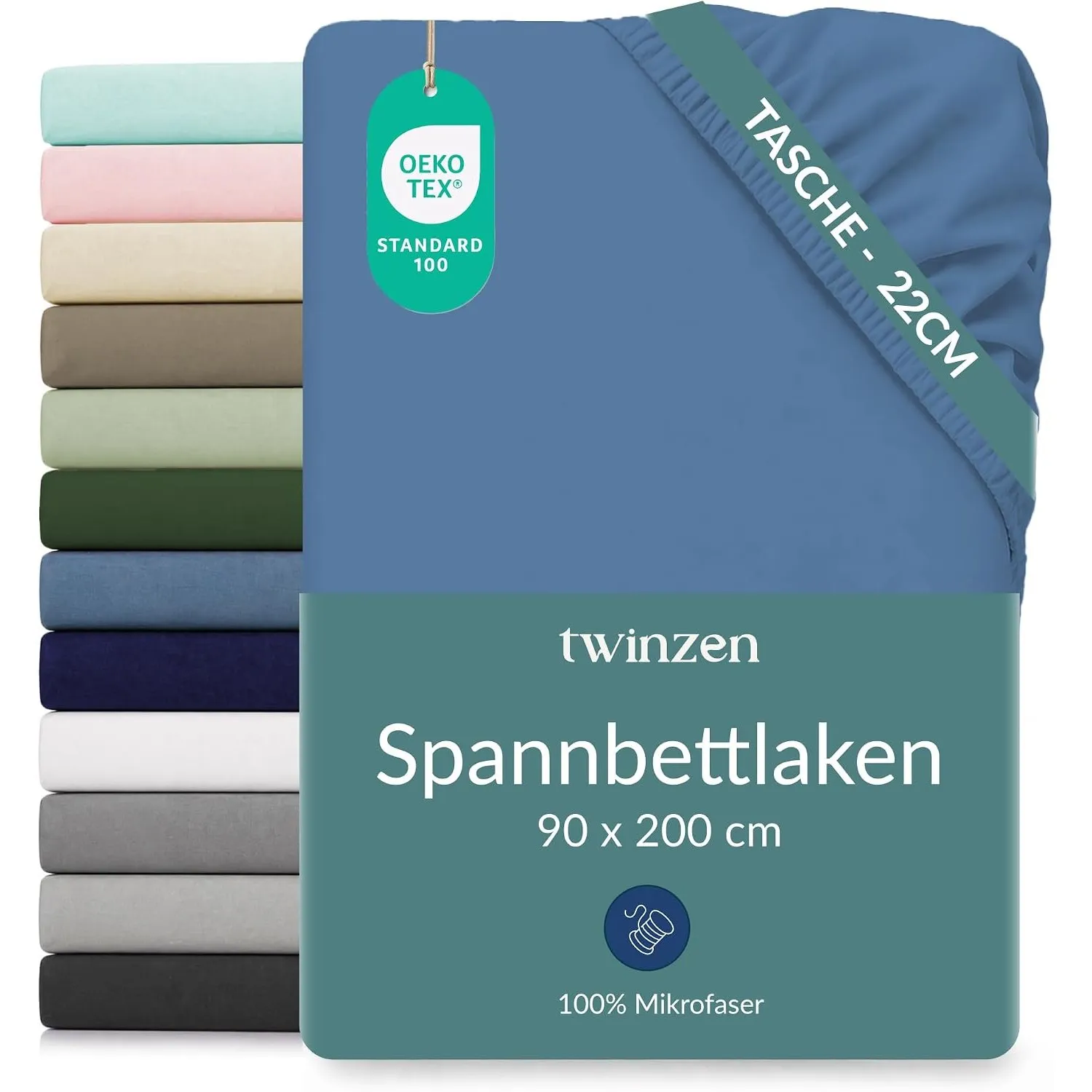 Twinzen Spannbettlaken Mikrofaser 90x200 Blau Steghöhe 25 cm