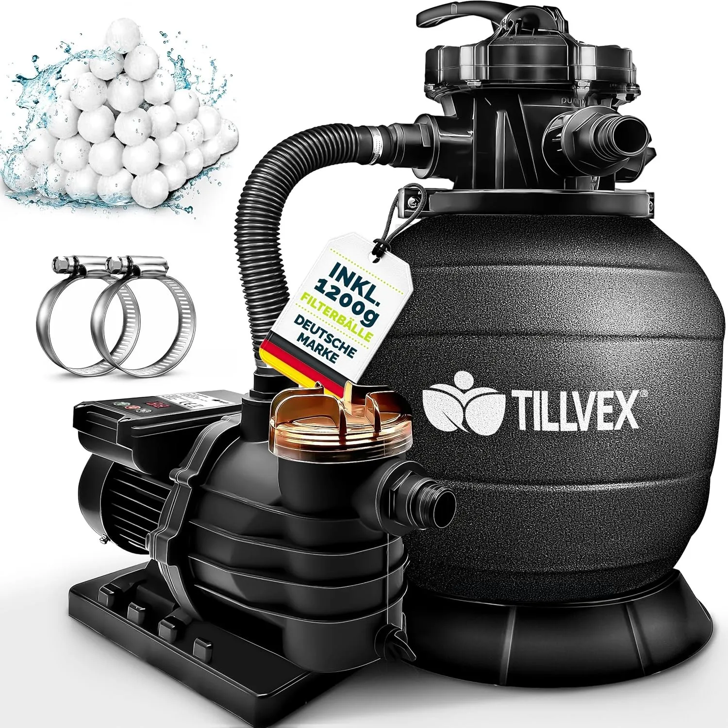 tillvex® Sandfilteranlage Pool mit Timer 13.200L/h + 1200g Filterbälle