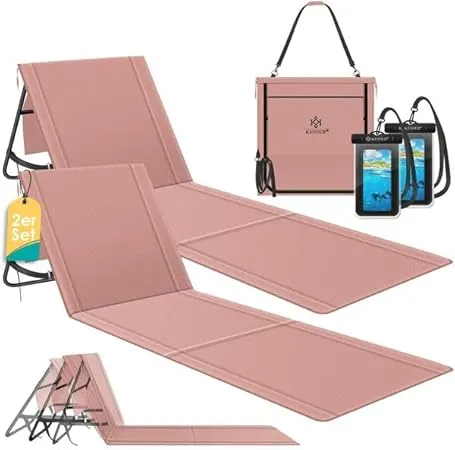KESSER Set of 2 Foldable Beach Mats with Adjustable Backrest, Carry Strap, Waterproof Bag & Storage - Foldable Sun Loun…