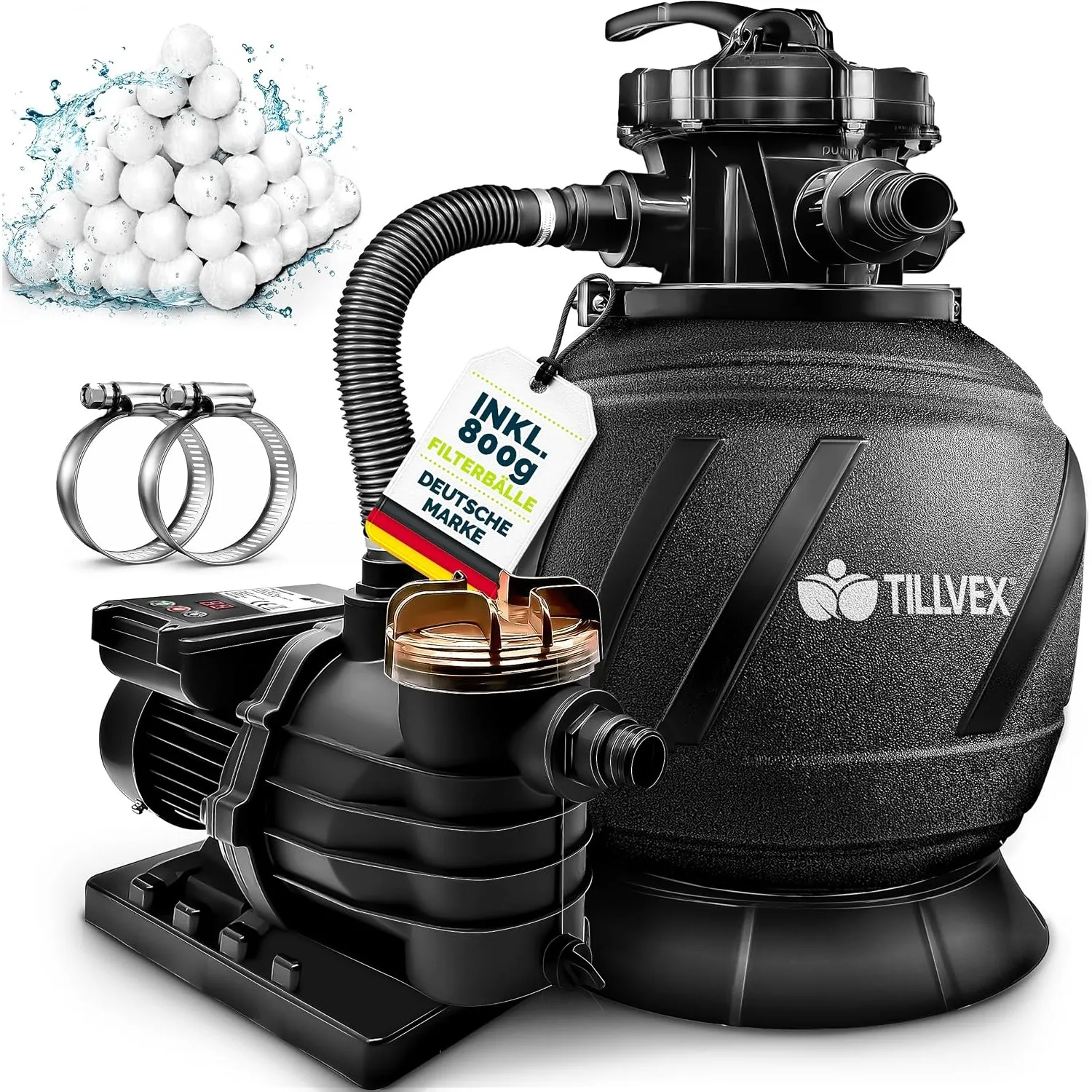 tillvex® Sandfilteranlage Pool mit Timer 10 m³/h + 800g Filterbälle
