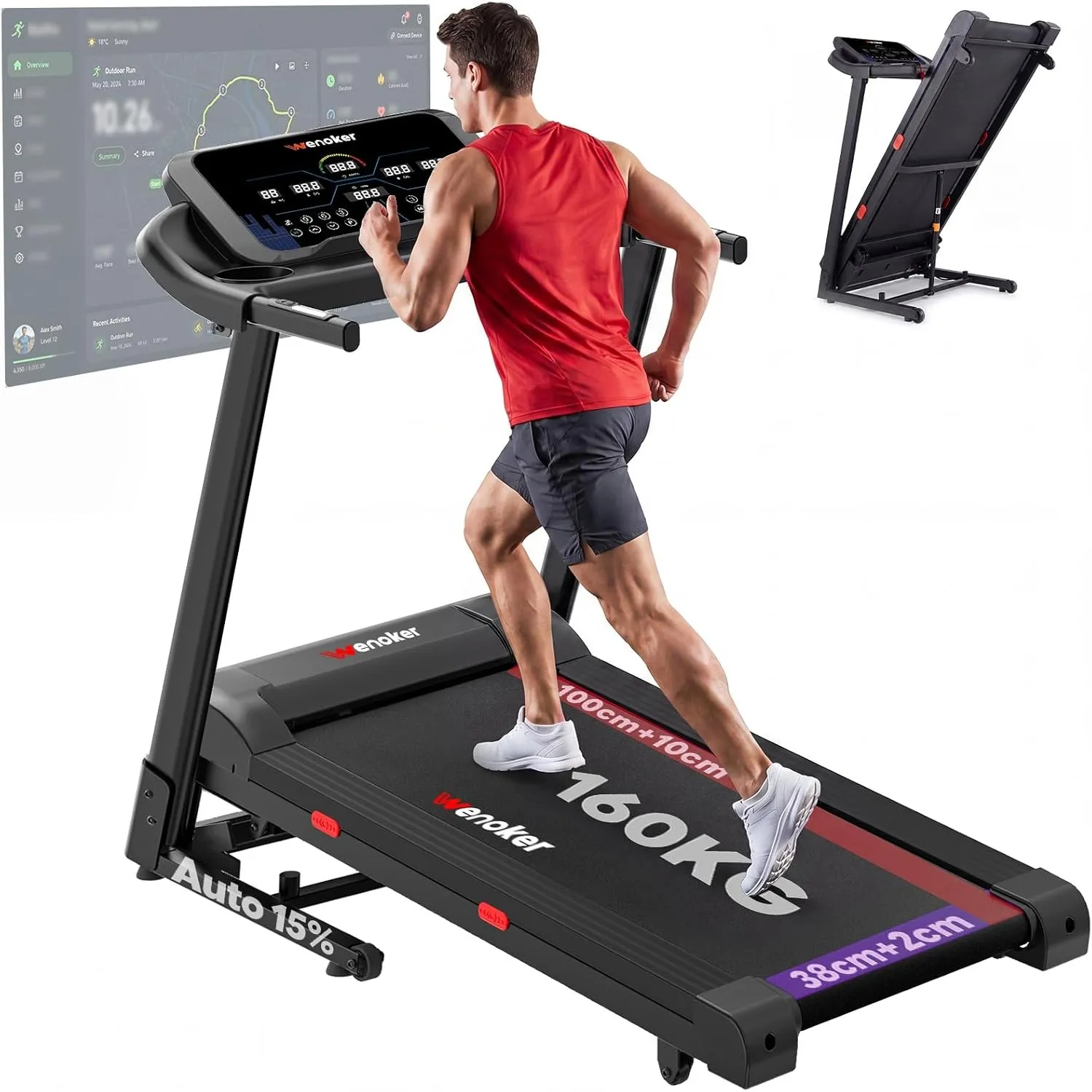 Laufband mit 15% automatischer Steigung für Zuhause klappbar Profi Walking Pad bis 160kg mit 3,0 PS Motor,14 km/h, LED-…