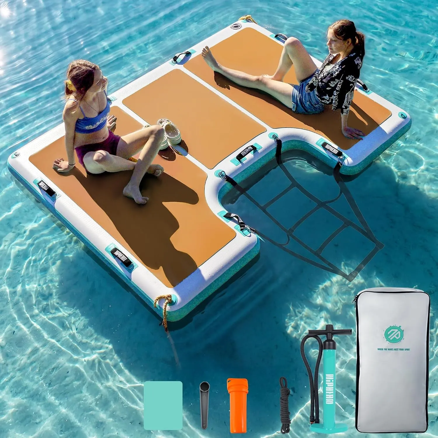 Niphean Schwimmdock Aufblasbar, rutschfeste Schwimminsel Mit Leiter & 9 Griffen, Stabile Aufblasbares Schwimmdock Für S…