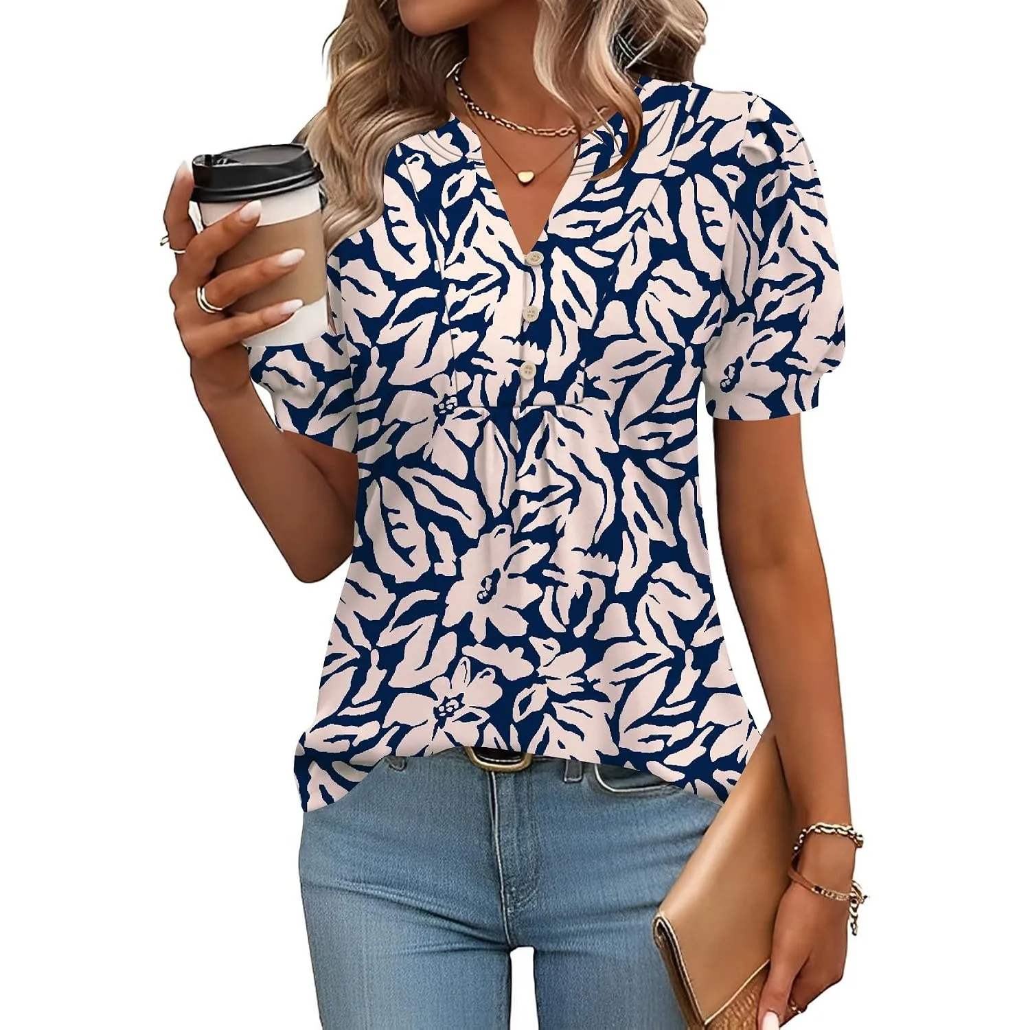 Rapbin Bluse Damen V-Ausschnitt T-Shirt Tunika Kurzarm Sommer Top Elegant