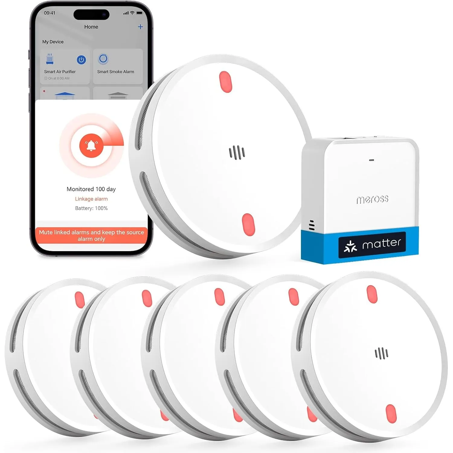 Meross Matter Rauchmelder Vernetzter mit MSH450 Hub, WLAN Feuermelder