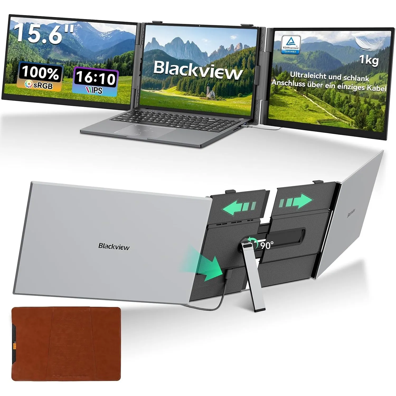 Blackview DCM8 Pro 15.6'' Triple Laptop Monitor Erweiterung(1KG), EIN-Kabel-Direktanschluss 1200P FHD 16:10 Laptop Scre…