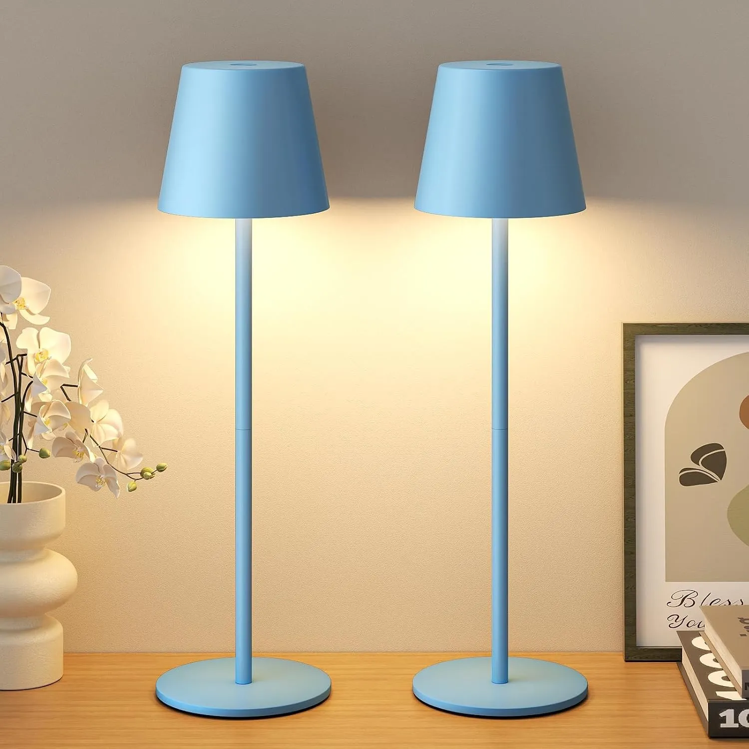 Tischlampe Kabellos 2 Stück, Blau, LED Akku Lampe für Outdoor Indoor