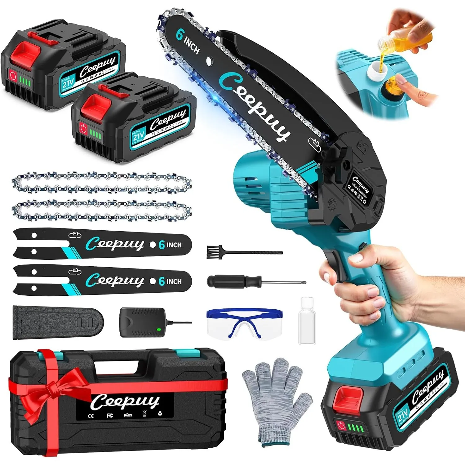 Mini Akku Kettensäge 6 Zoll mit 2x 4000 mAh Akku, 880 W Reinkupfermotor, Sicherheitsverriegelung – Elektrische Handkett…