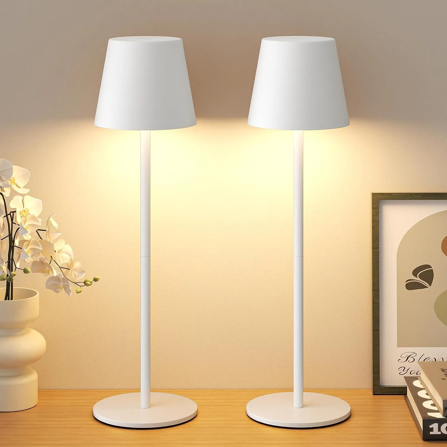Tischlampe Kabellos 2 Stück, Weiß, LED Akku Lampe für Outdoor Indoor