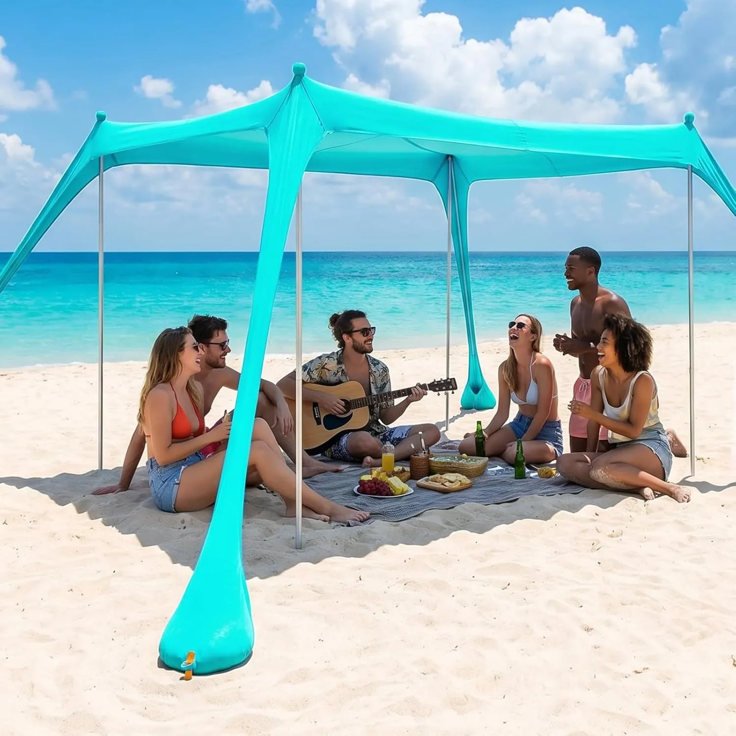 UPF50+ Strandzelt 3m x 3m, Schatten Zelt mit Sandschaufel & Erdnägeln und 4 Stützstäbe, Sonnenzelt Strand Sonnensegel Z…
