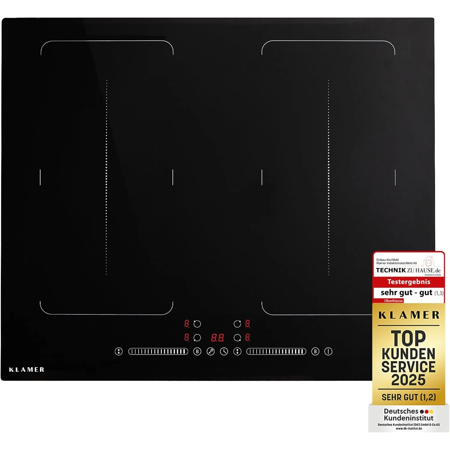 KLAMER Induktionskochfeld 60 cm, 4 Zonen: 2 Flexzonen, 7400 W