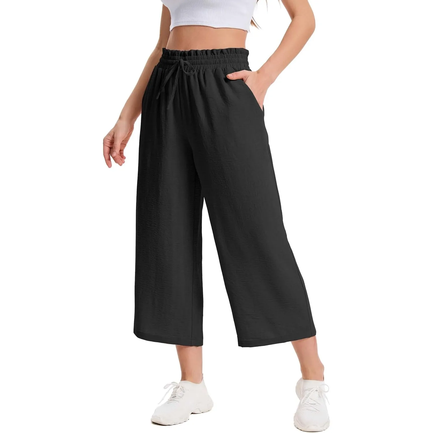 Damen 3/4 Culotte Hose Leichte Sommerhose mit Taschen | Atmungsaktives Stoff Caprihose für Damen