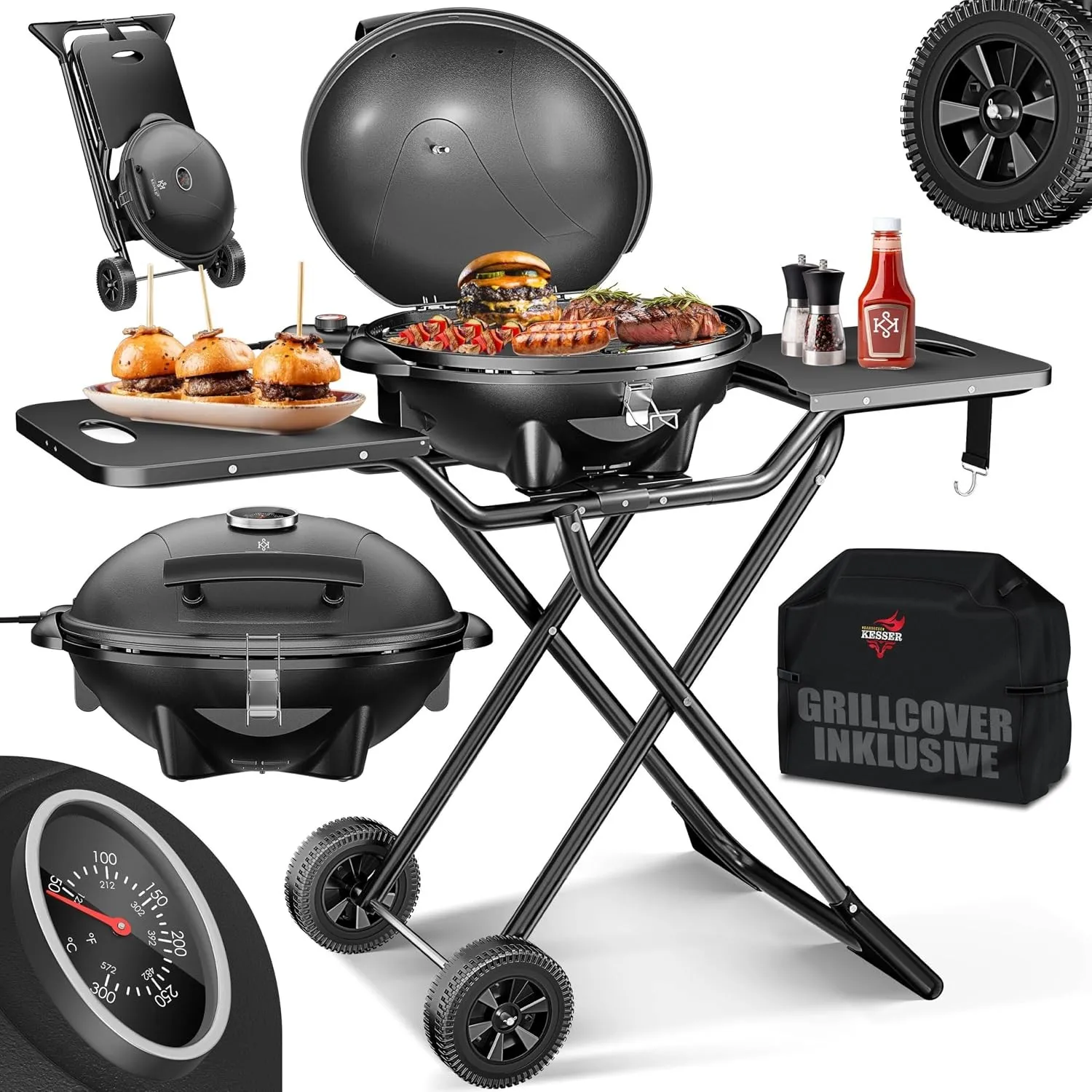 KESSER® elektrischer Elektrogrill 2in1 Tischgrill & Standgrill mit Deckel & Standfuß, 2400 Watt, Thermostat, Antihaftbe…