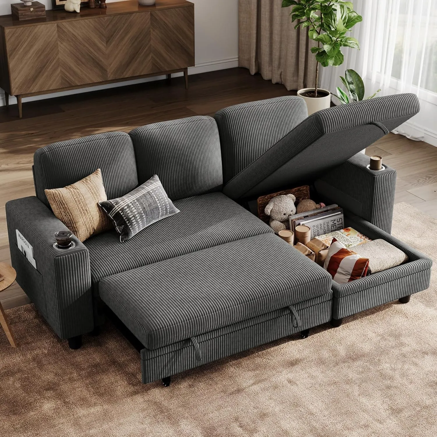 LINSY HOME Schlafsofa Ausziehbarer Couch, Ecksofa mit Schlaffunktion, Stauraum, Cord-Bezug L-Form Modulare Sofas mit Ch…