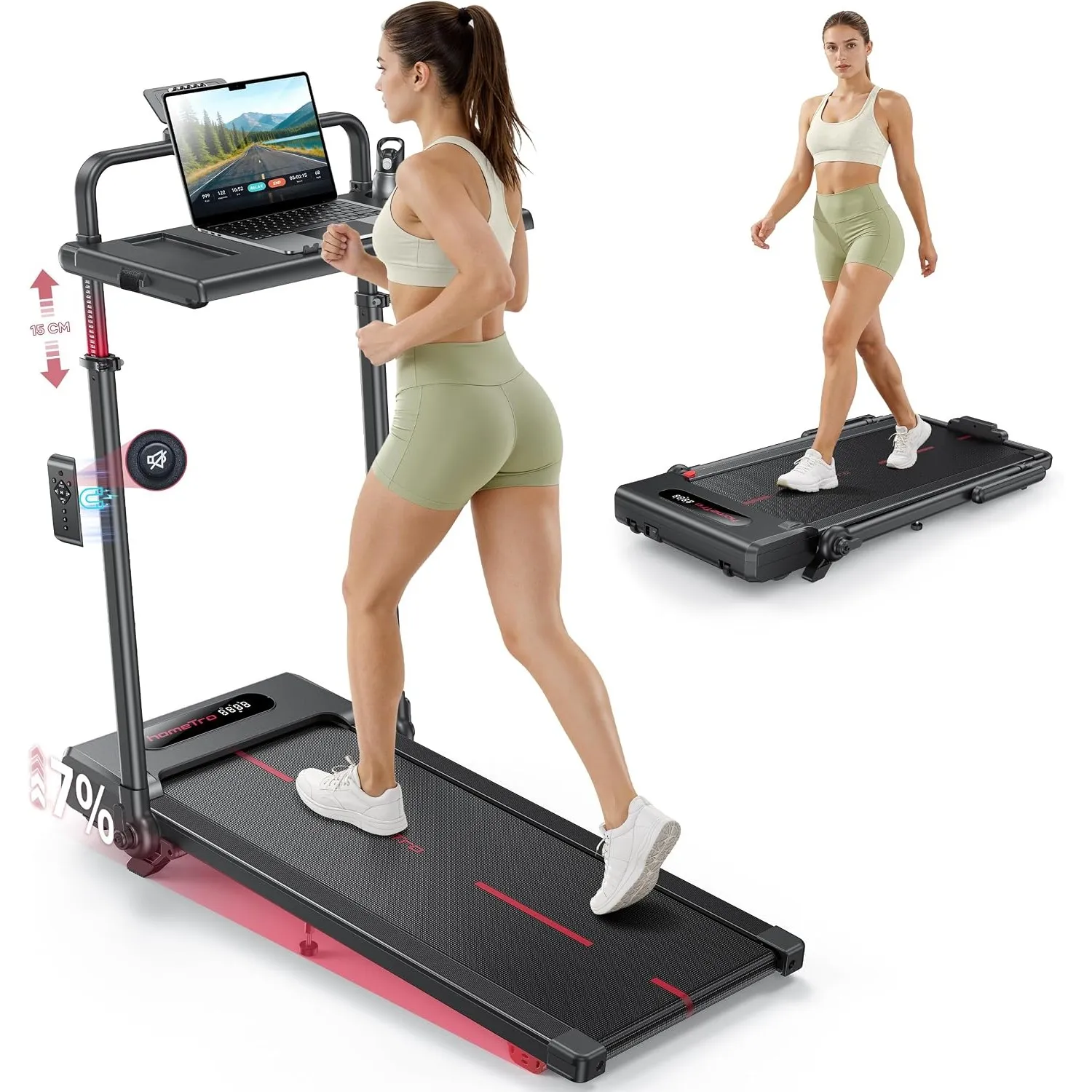 Laufband für Zuhause Klappbar mit 7% Steigung, All-in-1 Walking Pad bis 12 km/h mit 3,0 PS Leisem Motor, Höhenverstellu…