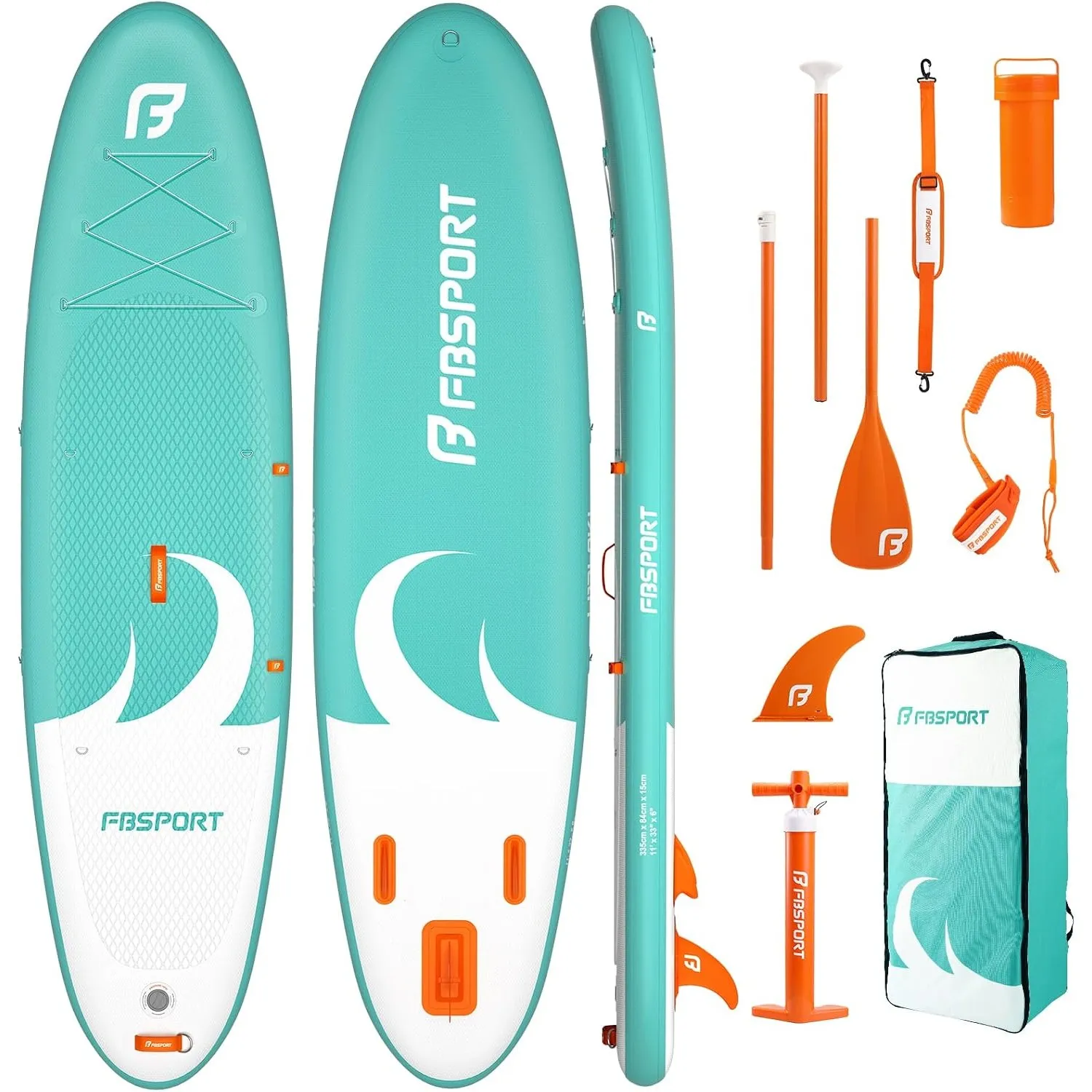 FBSPORT Stand up Paddling Board Surfbrett Surfboard SUP aufblasbar mit Pumpe 335x84x15 cm Tragetasche SUP Zubehör mit r…