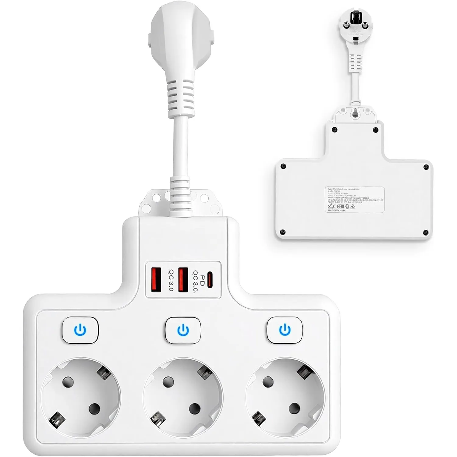 3-Fach Verteilersteckdose,Steckdosenleiste mit USB (PD 18-20W),6-In-1 Steckdosenadapter mit 3 Unabhängige Schaltdosen M…
