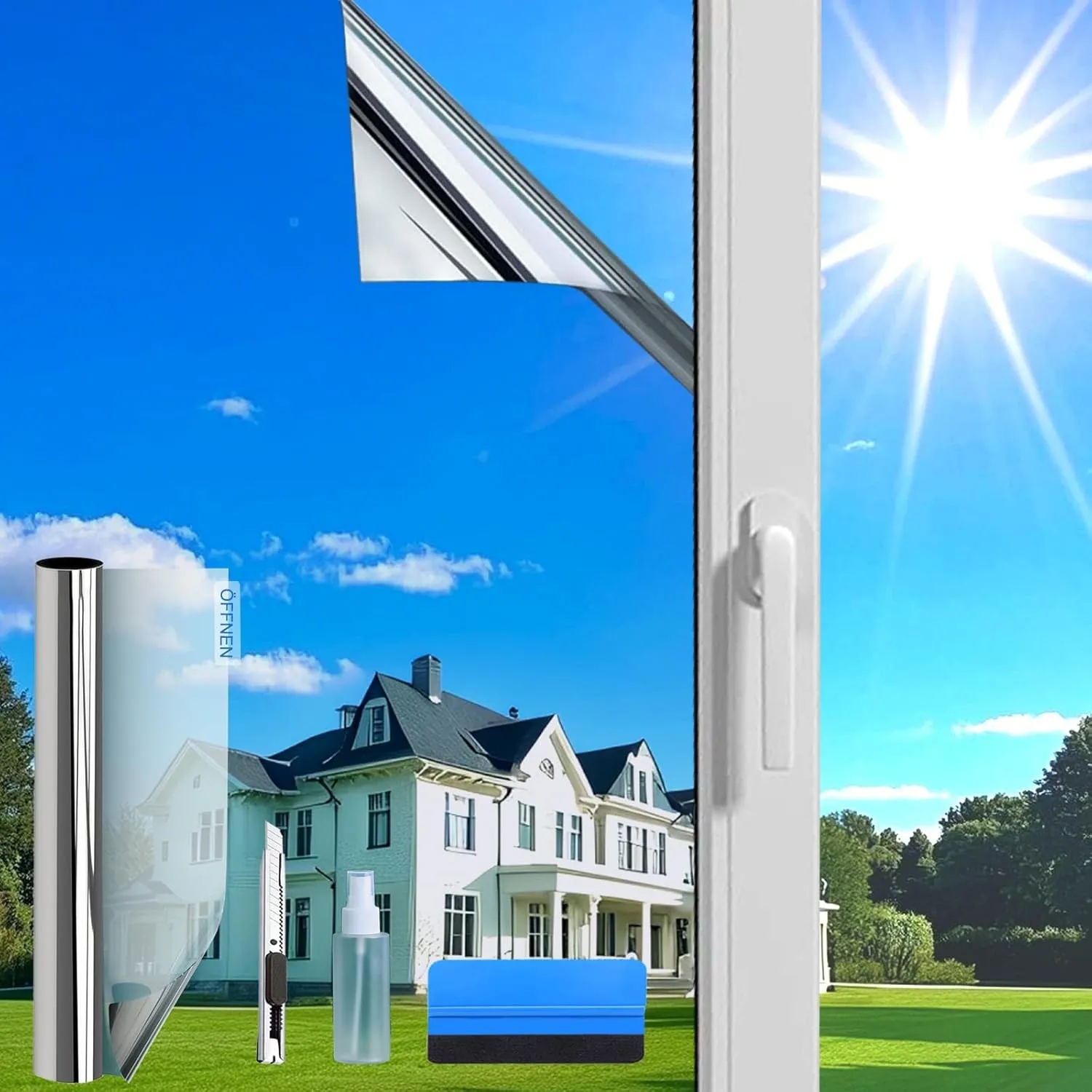 (44.5X200cm Silber) Fensterfolie Sonnenschutz Hitzeschutz innen oder außen | Rückstandslose Spiegelfolie Fenster Hitzes…