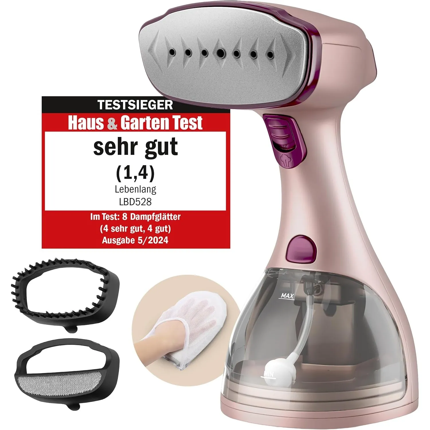 LEBENLANG Steamer Dampfglätter TESTSIEGER - 1500W & 300ml I Rosa | Inkl. Bügelhandschuh & Aufsätze I Pro Dampfsteamer f…