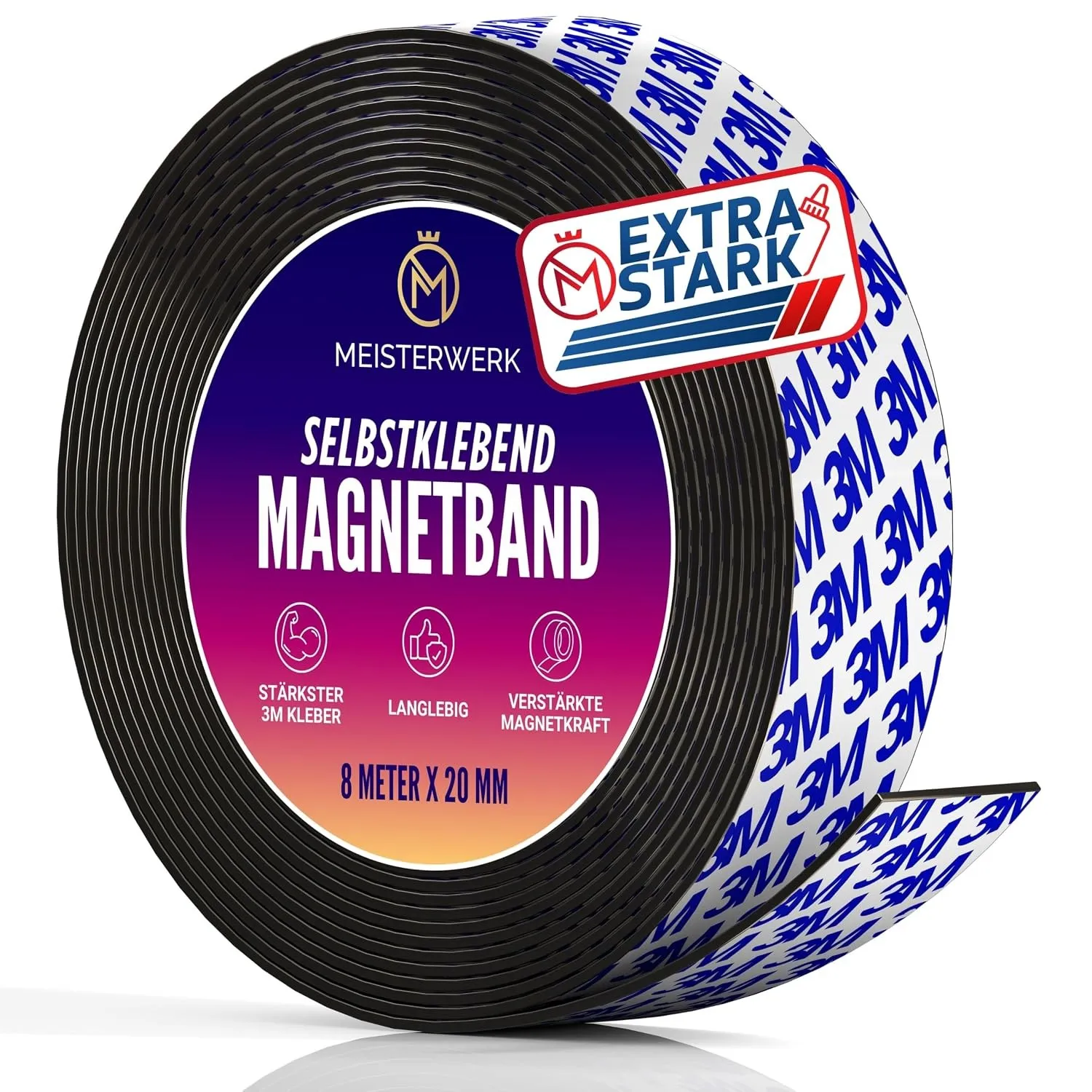MEISTERWERK Magnetband selbstklebend stark - 8 Meter I (EXTRA STARKER MARKEN-KLEBER) - Magnetstreifen selbstklebend - M…