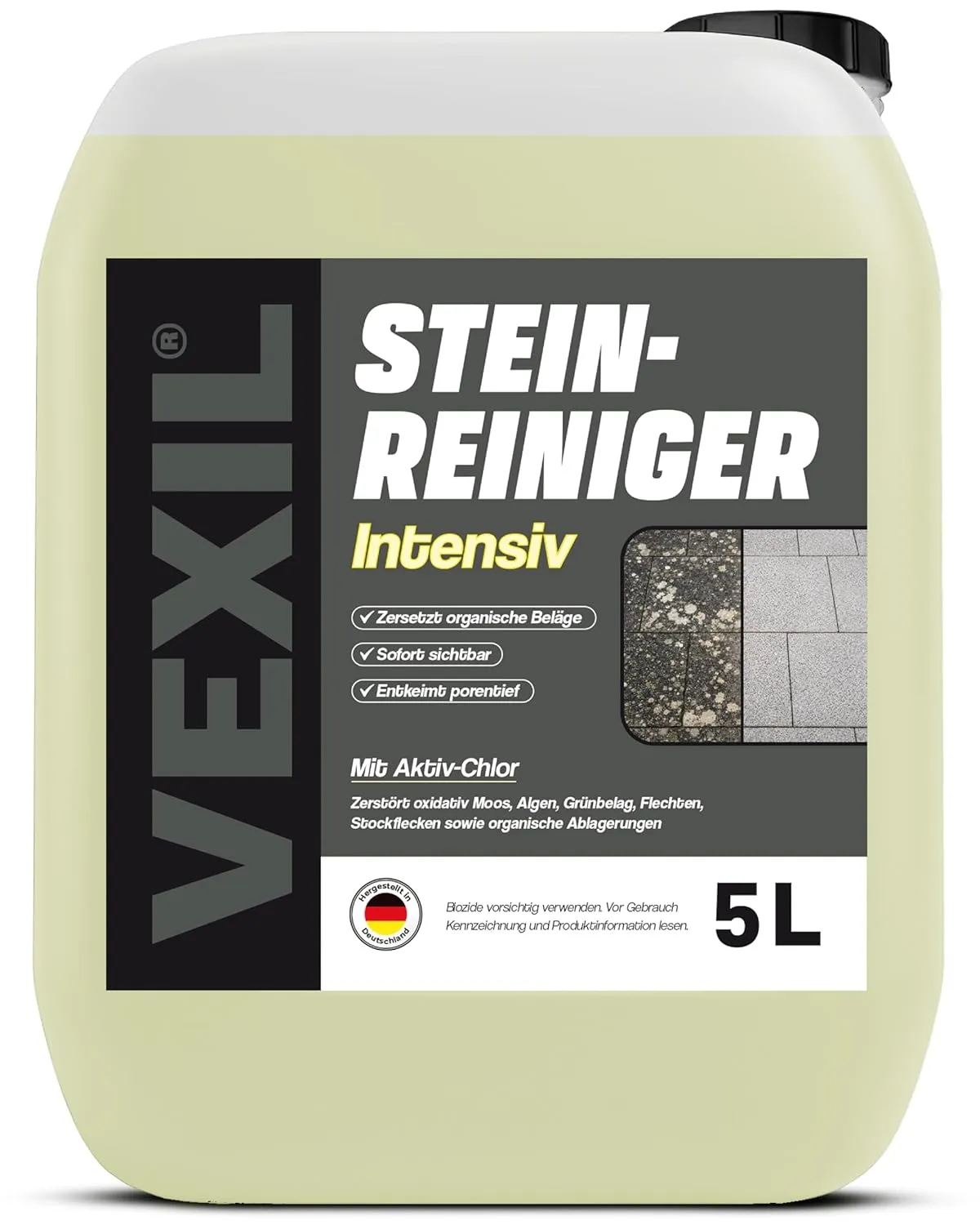 VEXIL Steinreiniger INTENSIV – 5L – mit AKTIV-CHLOR für SCHNELLE ERGEBNISSE – vernichtet Moos, Algen, Flechten, Pilzbef…
