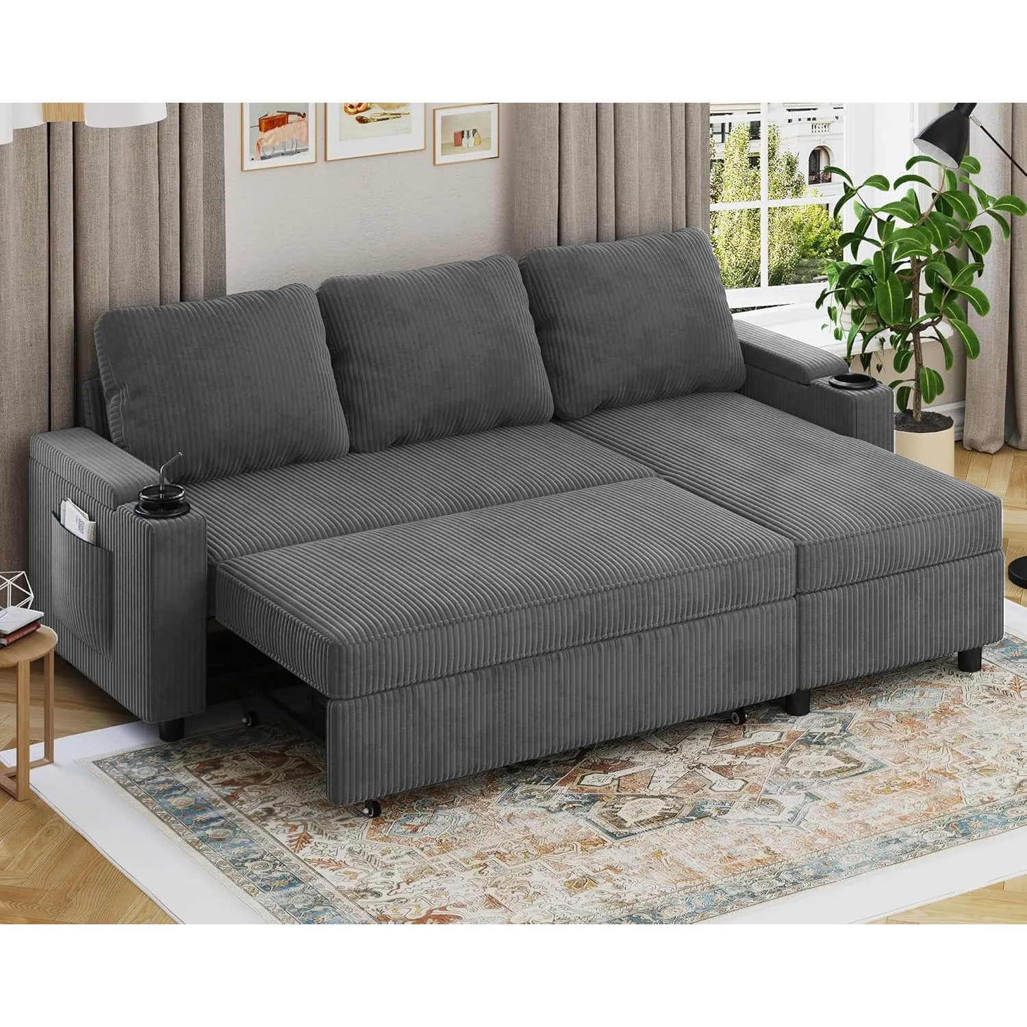 Devoko Ecksofa mit Schlaffunktion und Bettkasten L-Form Sofa 3-Sitzer Ausziehbares Schlafsofa Leinen Couch Kleines Schl…