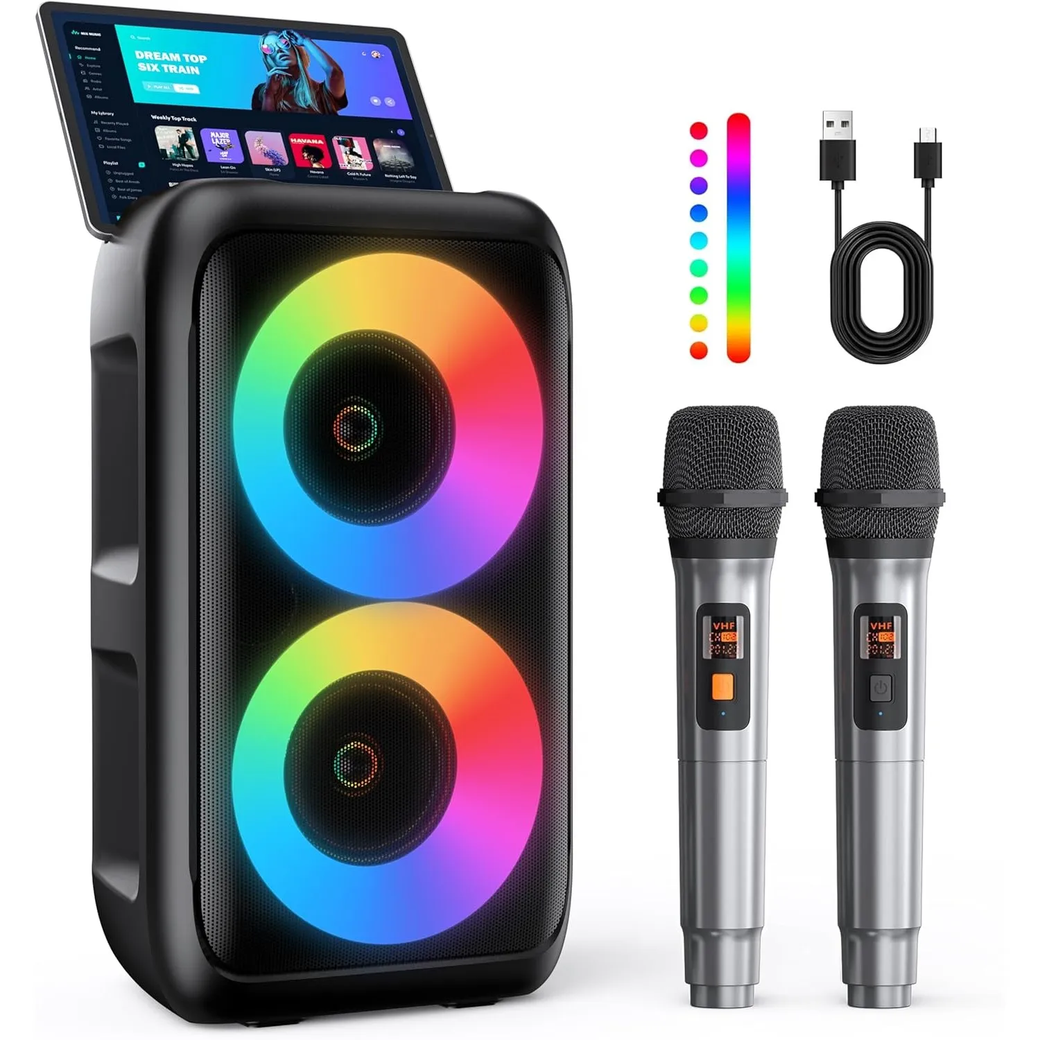 Karaoke Maschine mit 2 kabellosen Mikrofonen – 2x10W Tragbarer Bluetooth Lautsprecher, unterstützt TWS/AUX/USB/FM für T…