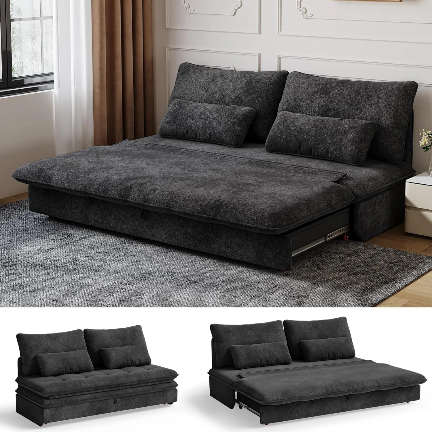 Devoko Sofa mit Schlaffunktion 190 x 157 Ausziehbares Schlafsofa mit Bettkasten Kleine 2 Sitzer Chenille Couch Klappsof…