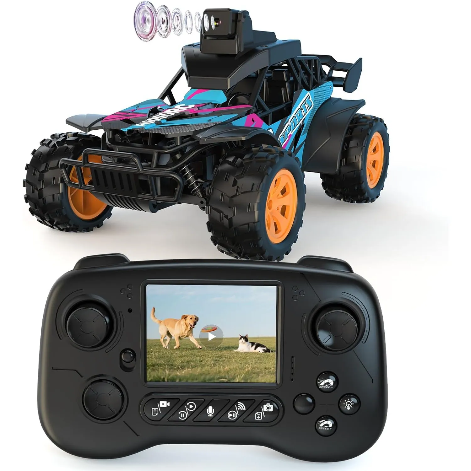 RC-Auto mit Kamera, 2,4-GHz-Fernsteuerung mit 2,8''-LCD-Display und um 60° verstellbarer Kamera, Live-Video, 2 Geschwin…