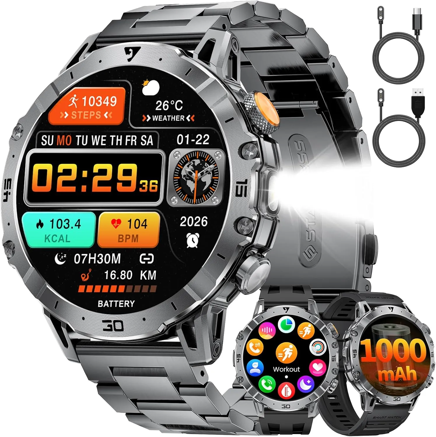 LIGE Men's Military Smartwatch 1000 mAh Large Battery, 1.7 Inch HD Large Display with Phone Function, LED Torch Fitness…