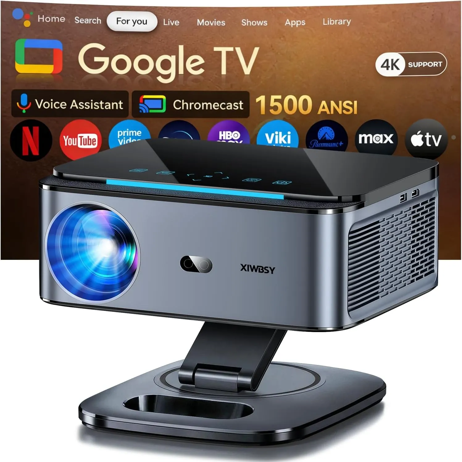 Beamer【1500 ANSI/Autofokus/360°-Drehung】 XIWBSY Projektor 4k Google TV/Sprachsteuerung, WiFi 6 Bluetooth 5, 38000 Lumen…