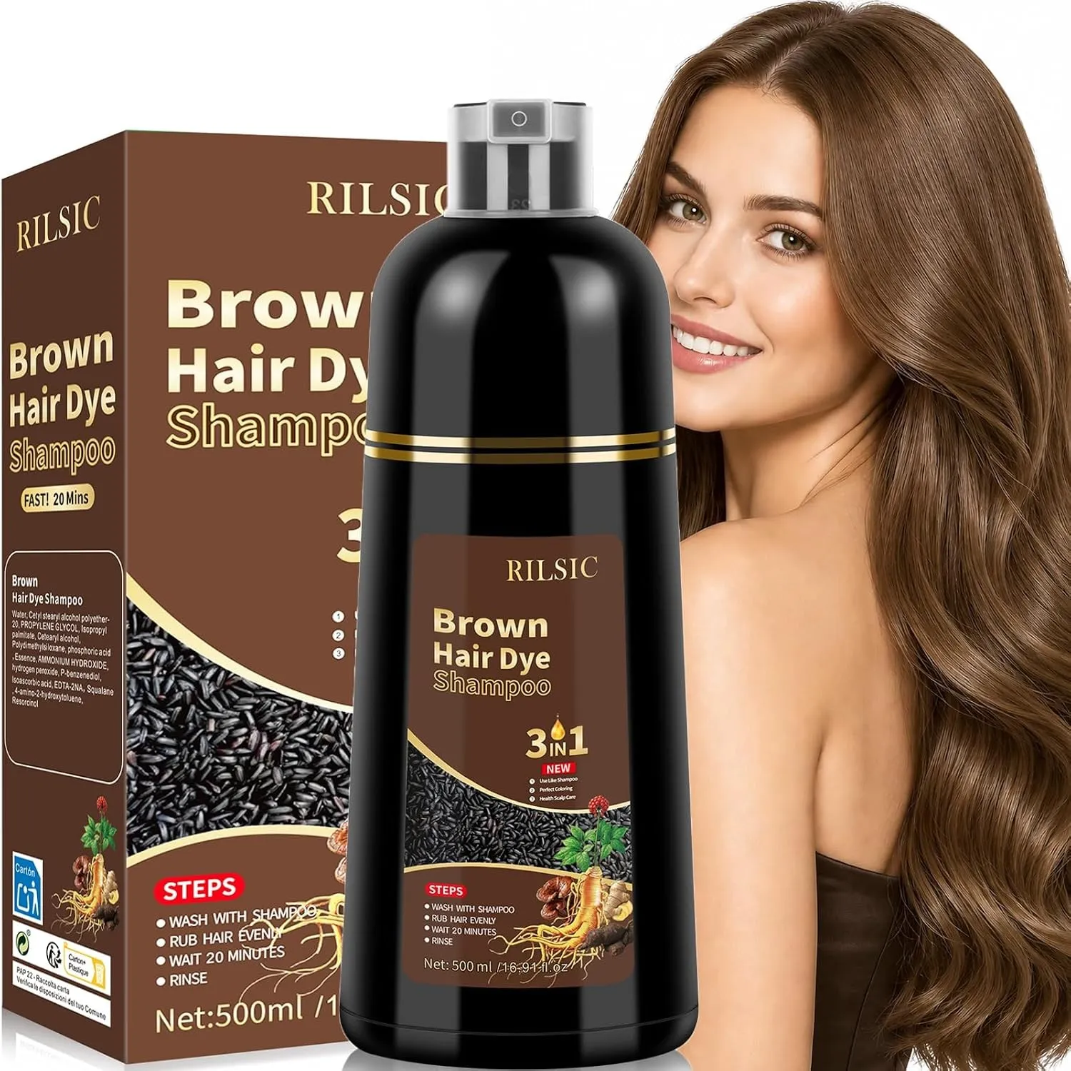 500ML Haarfärbeshampoo Schwarze, Farbshampoo für Graue Haare,Black Hair Dye Shampoo 3in1, Haarfarbe Shampoo Gegen Graue…