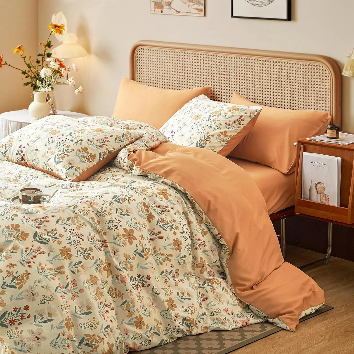 Lanqinglv Bettwäsche 135x200 Orange Blumen Blätter Wendebettwäsche