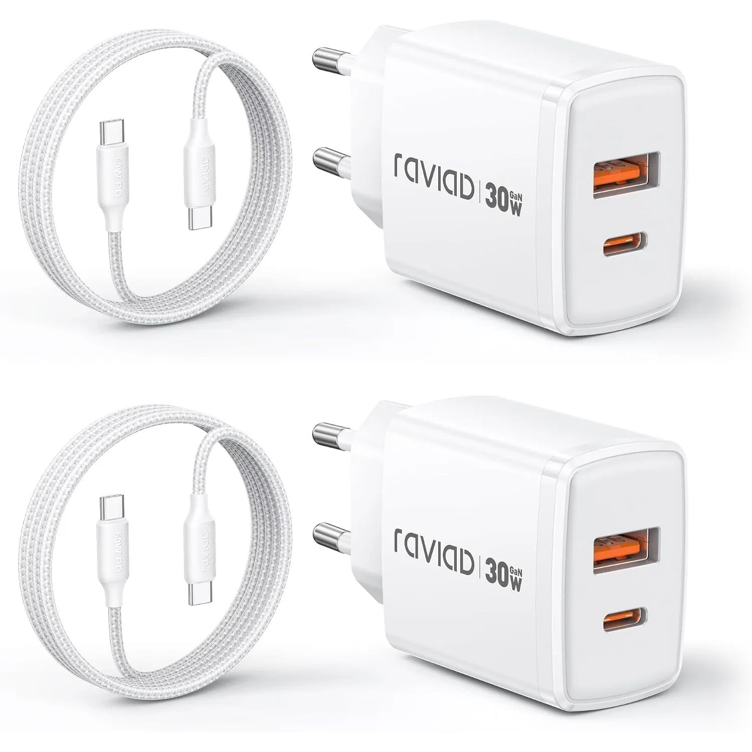 RAVIAD 30W USB C Ladegerät 2-Stück GaN Schnellladegerät mit 60W Kabel 3M